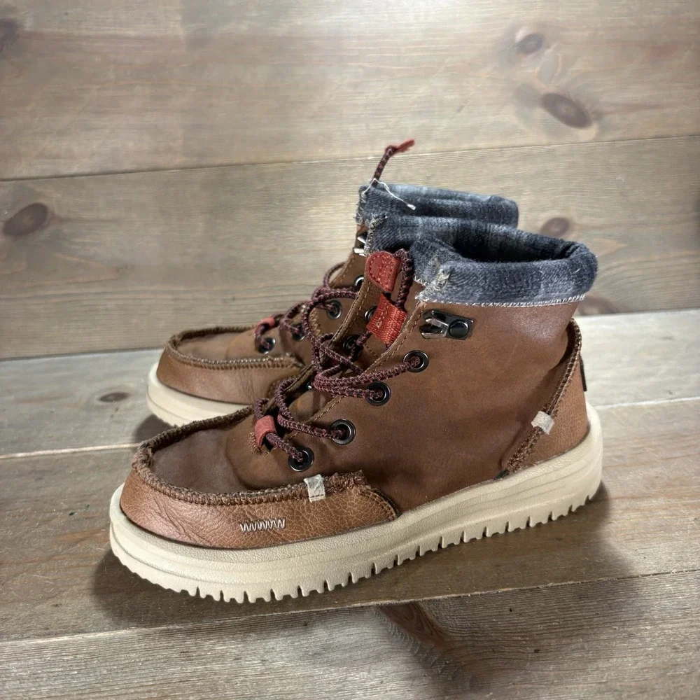Hey Dude Bradley Boys size 12 shoes Brown Faux Leather Lined Lace Up Boots